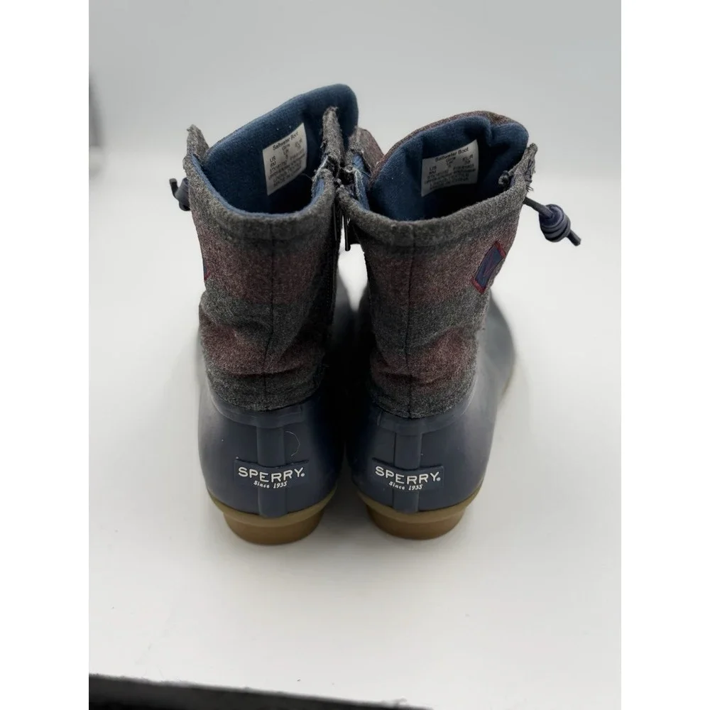 Sperry Saltwater Duck Boots Girls Size 6M Navy Blue Maroon Striped Wool Upper